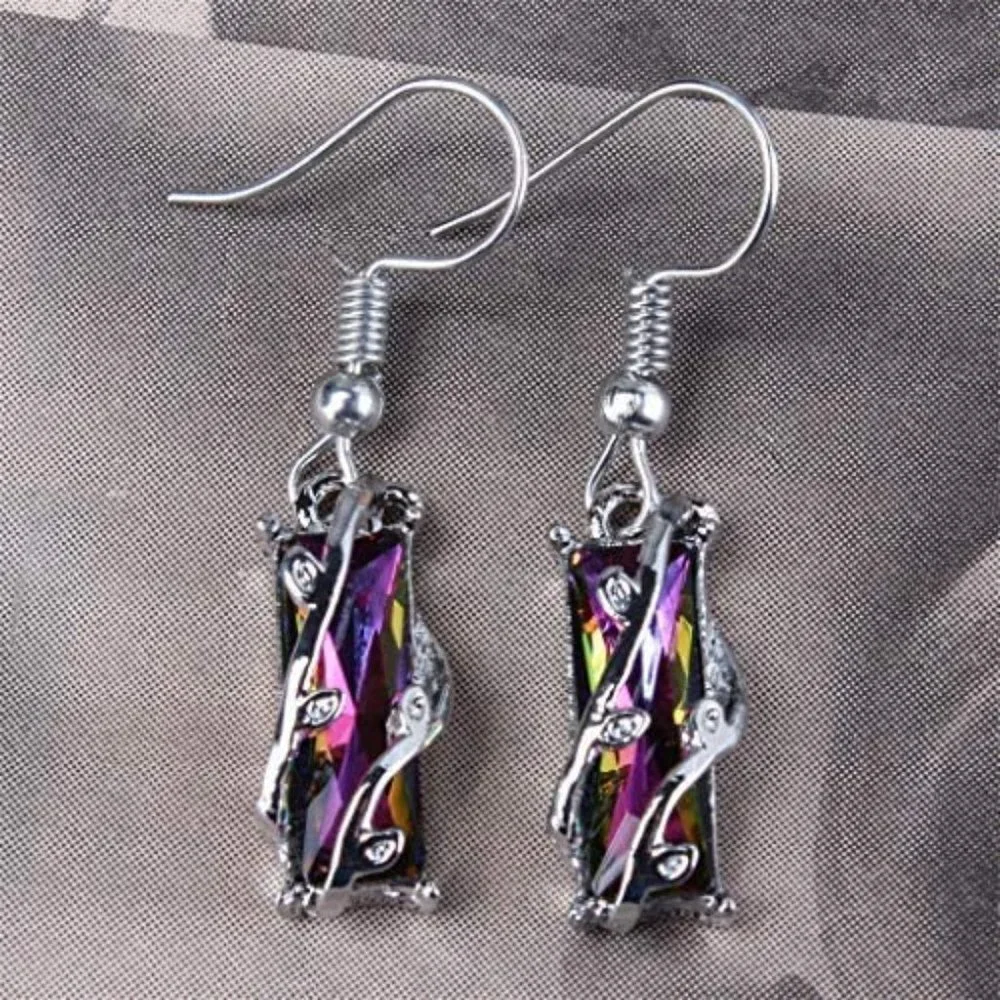 "Colorful Crystal Clear Delicate Silver Plated Colorful Dangle Earrings, VP1008 - Picture 3 of 5